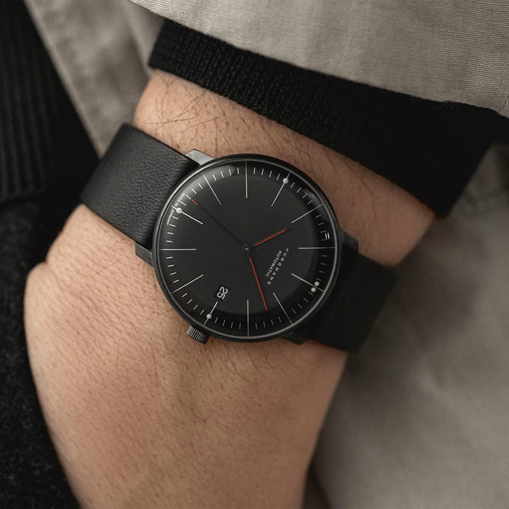 Junghans max bill Automatic Bauhaus 38mm Black Dial Black Leather Strap