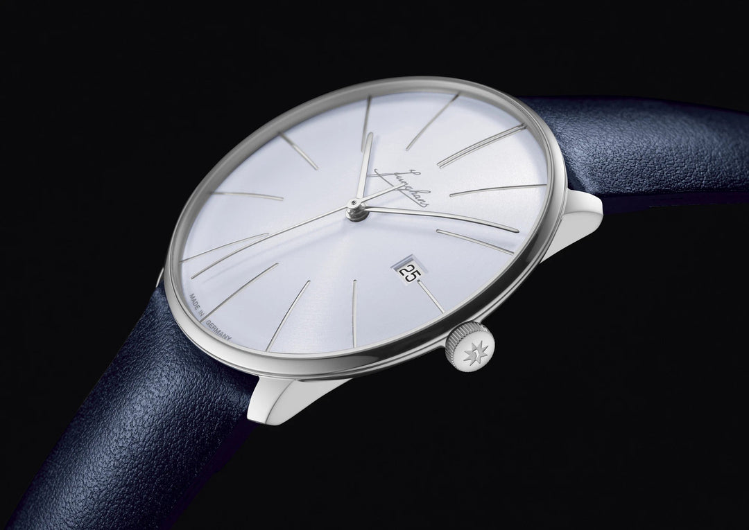 Junghans Meister fein Automatic Signatur 39.5mm Light Blue Dial Navy Leather Strap