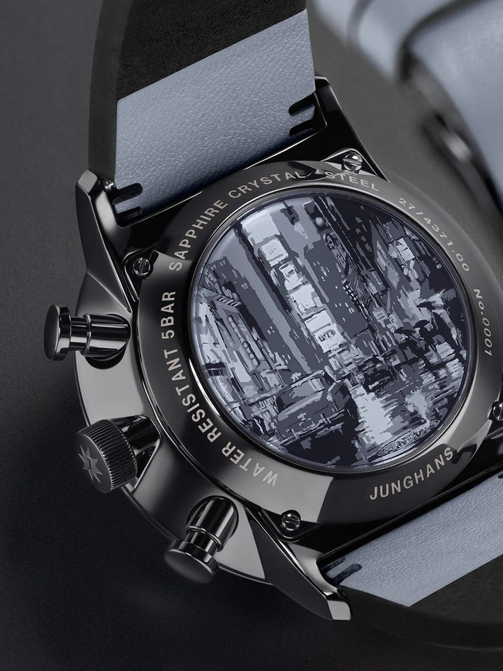 Junghans FORM A Chronoscope 42mm Black Dial Grey Leather Strap