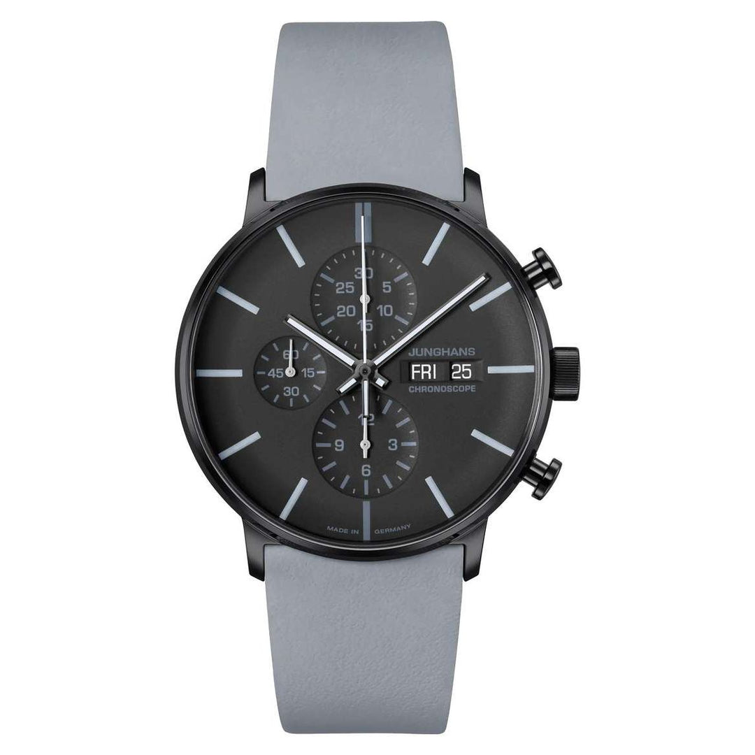 Junghans FORM A Chronoscope 42mm Black Dial Grey Leather Strap