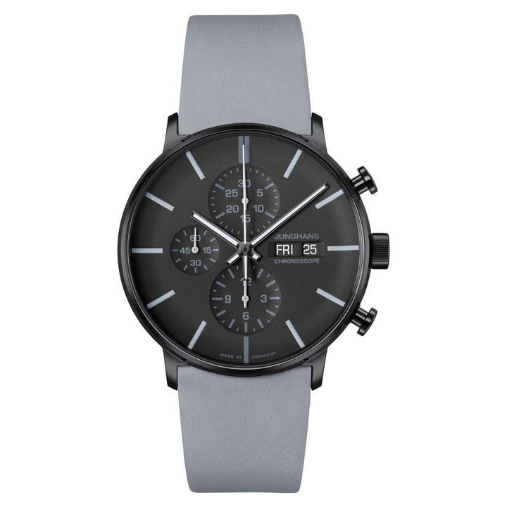 Junghans FORM A Chronoscope 42mm Black Dial Grey Leather Strap