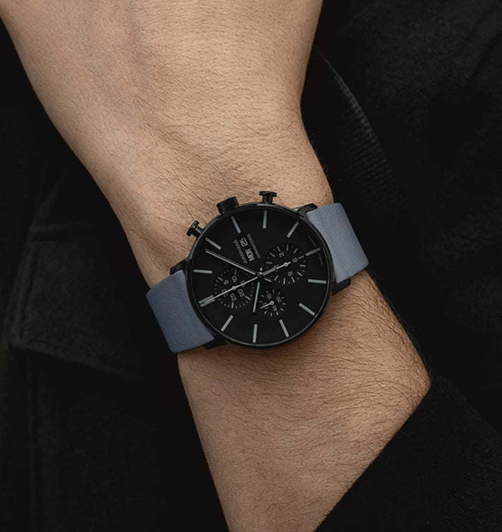 Junghans FORM A Chronoscope 42mm Black Dial Grey Leather Strap