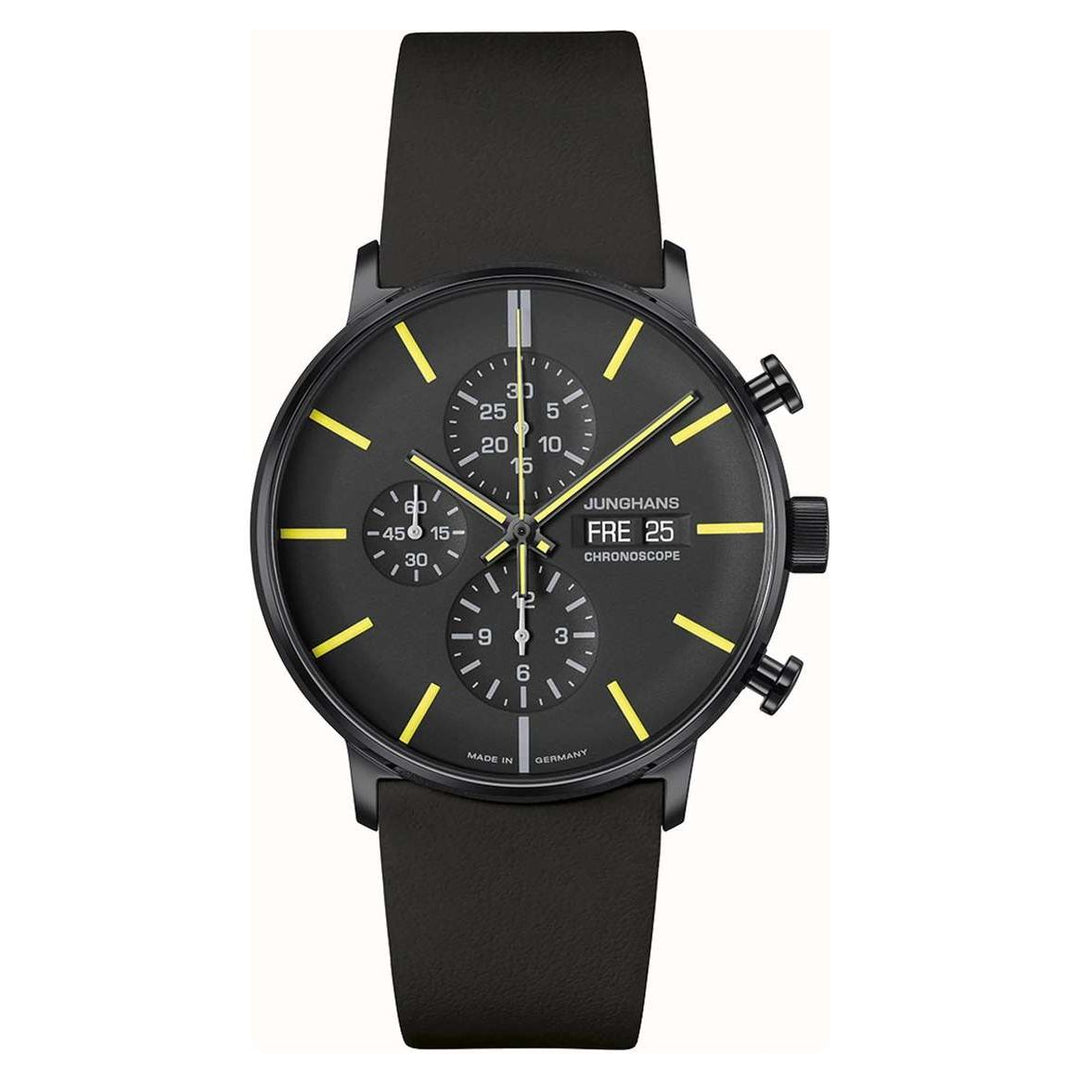 Junghans FORM A Chronoscope 42mm Black Dial Black Leather Strap