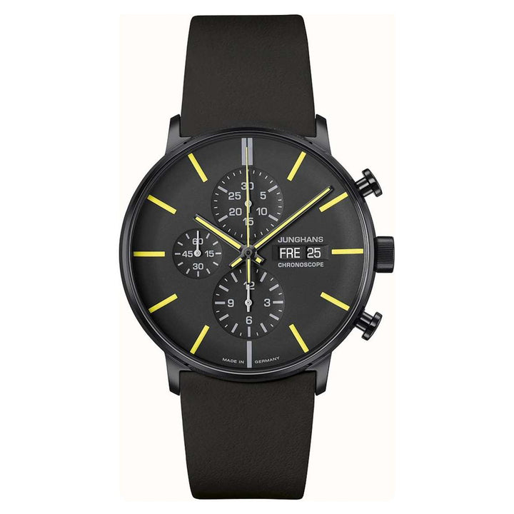 Junghans FORM A Chronoscope 42mm Black Dial Black Leather Strap