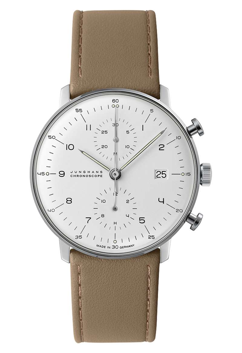Junghans max bill Chronoscope 40mm White Dial Light Brown Leather Strap