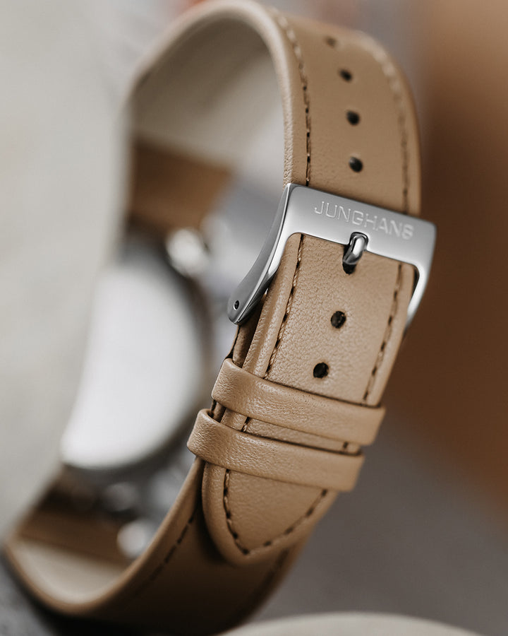 Junghans max bill Chronoscope 40mm White Dial Light Brown Leather Strap