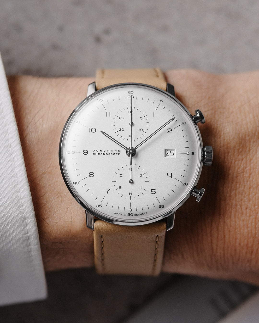 Junghans max bill Chronoscope 40mm White Dial Light Brown Leather Strap