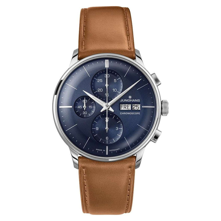 Junghans Meister Chronoscope 40.7mm Navy Dial Brown Leather Strap