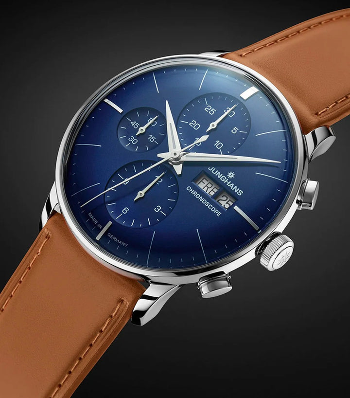Junghans Meister Chronoscope 40.7mm Navy Dial Brown Leather Strap