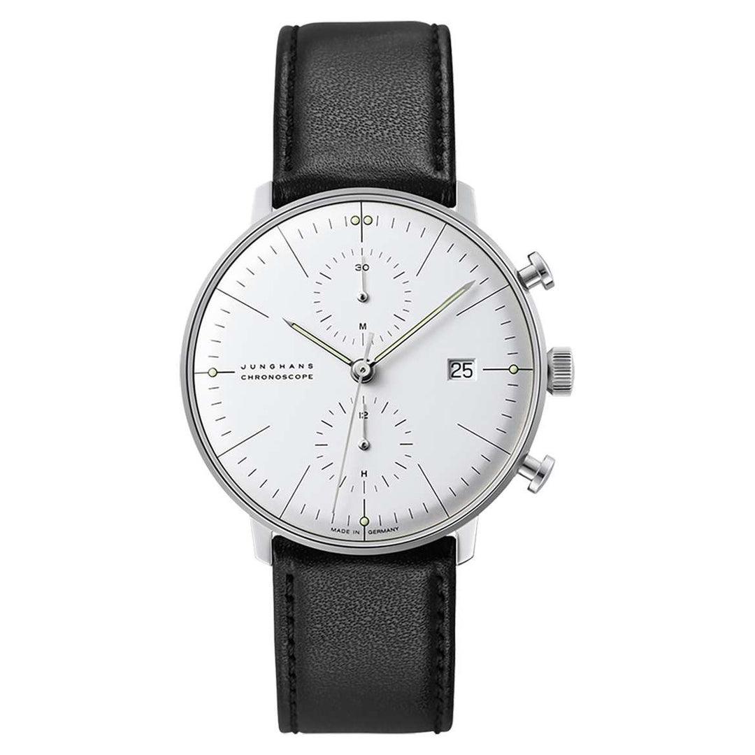 Junghans max bill Chronoscope 40mm White Dial Black Leather Strap