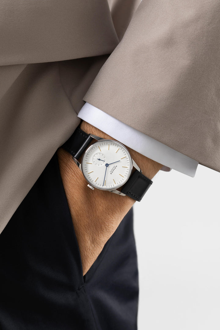 NOMOS Orion 35mm Galvanized, white silver-plated Dial Black Horween Genuine Shell Cordovan Strap