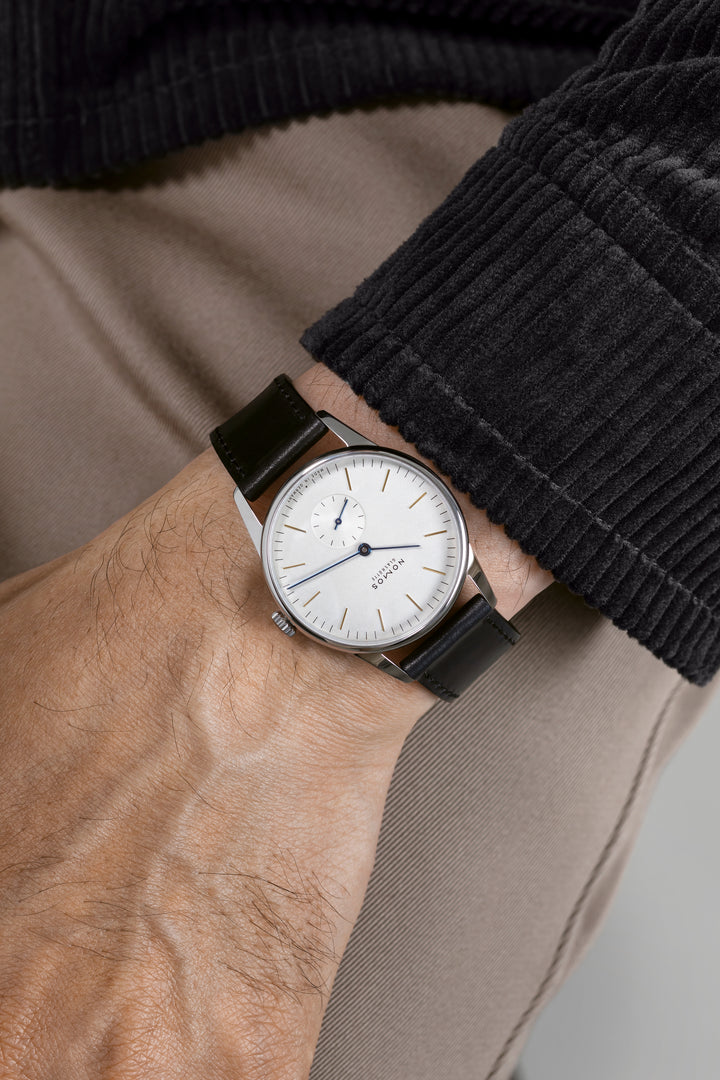 NOMOS Orion 35mm Galvanized, white silver-plated Dial Black Horween Genuine Shell Cordovan Strap
