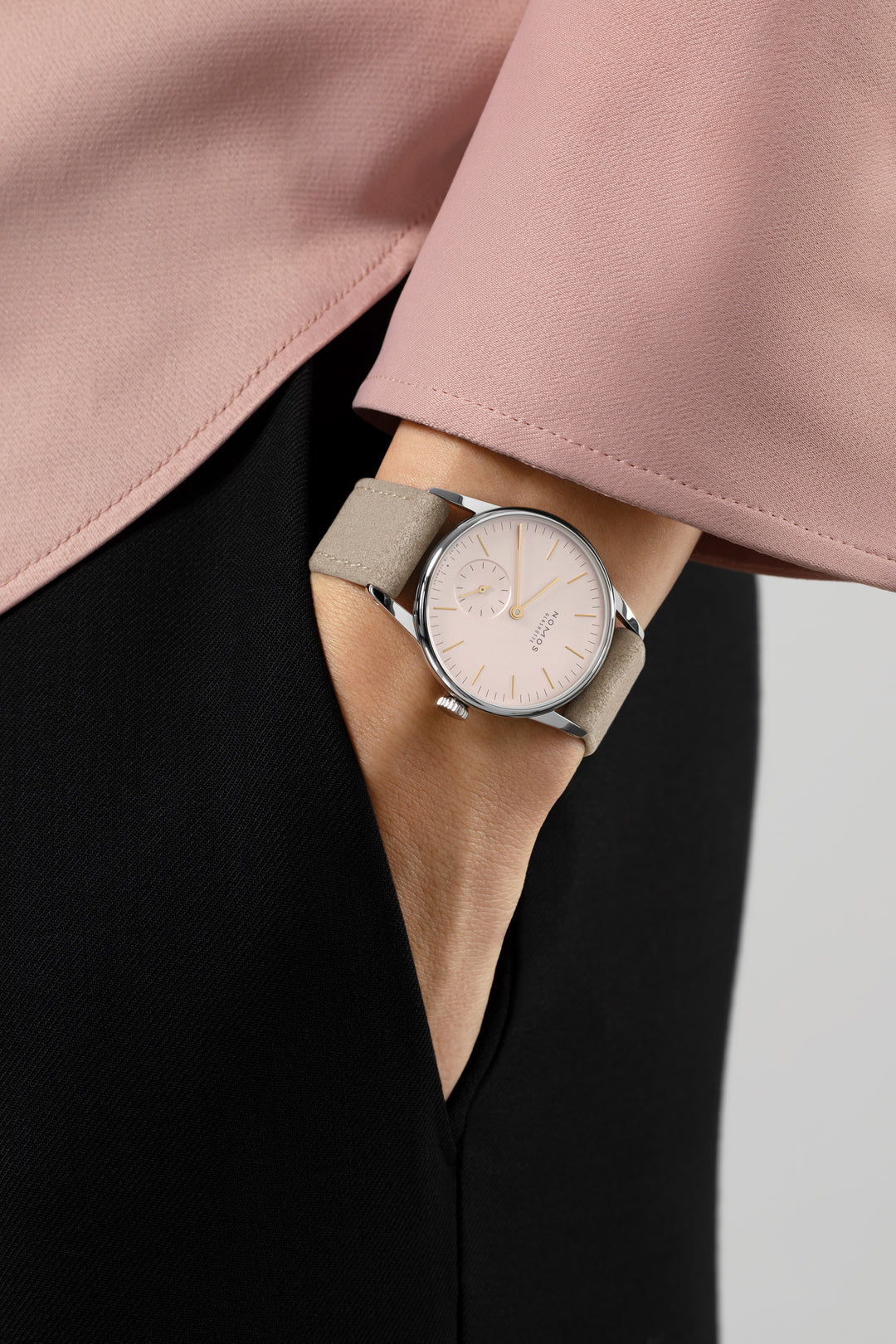 NOMOS Orion 32.8mm Galvanized, silver-plated, rosé Dial Beige Vegan velour, remborded Strap