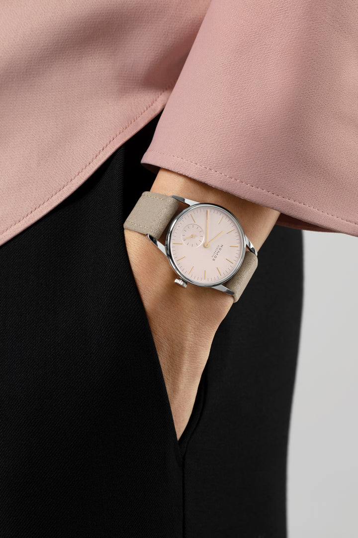 NOMOS Orion 32.8mm Galvanized, silver-plated, rosé Dial Beige Vegan velour, remborded Strap