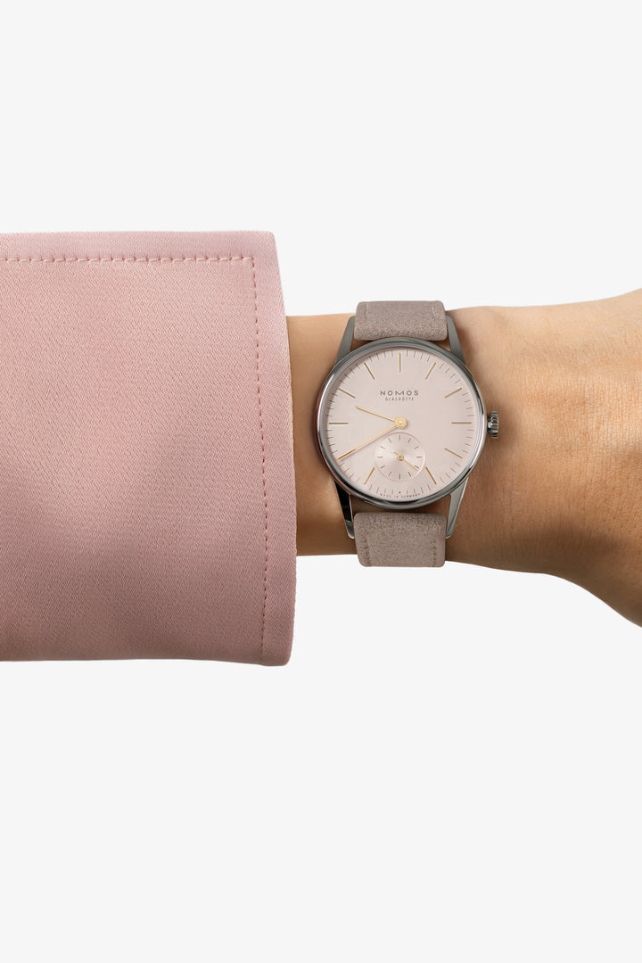 NOMOS Orion 32.8mm Galvanized, silver-plated, rosé Dial Beige Vegan velour, remborded Strap