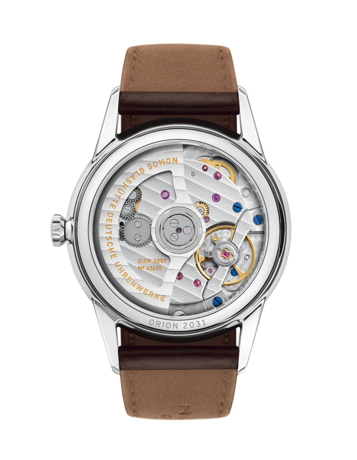 NOMOS Orion 36.4mm Galvanized, white silver-plated Dial Brown Horween Genuine Shell Cordovan remborde, hand-stitched Strap
