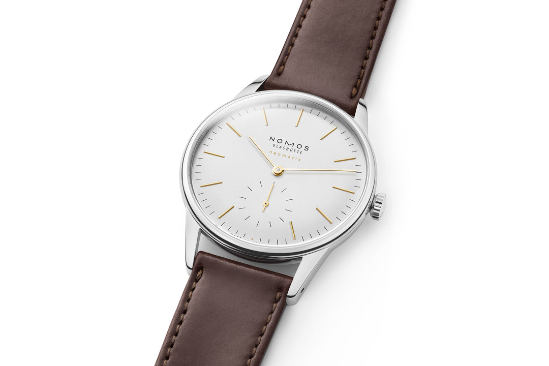 NOMOS Orion 36.4mm Galvanized, white silver-plated Dial Brown Horween Genuine Shell Cordovan remborde, hand-stitched Strap
