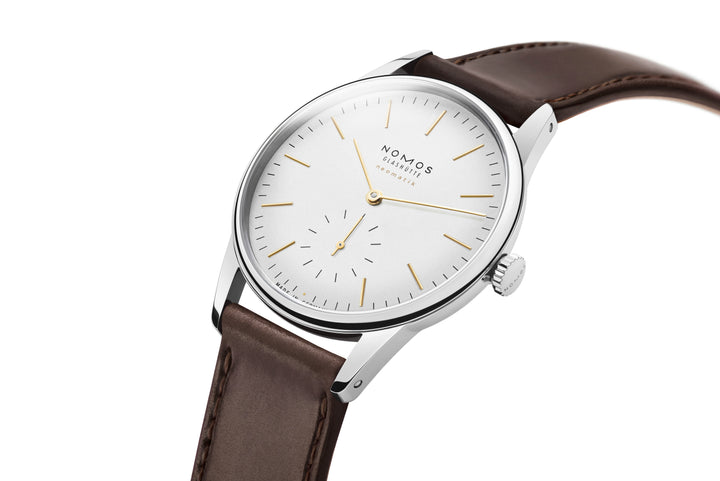 NOMOS Orion 36.4mm Galvanized, white silver-plated Dial Brown Horween Genuine Shell Cordovan remborde, hand-stitched Strap