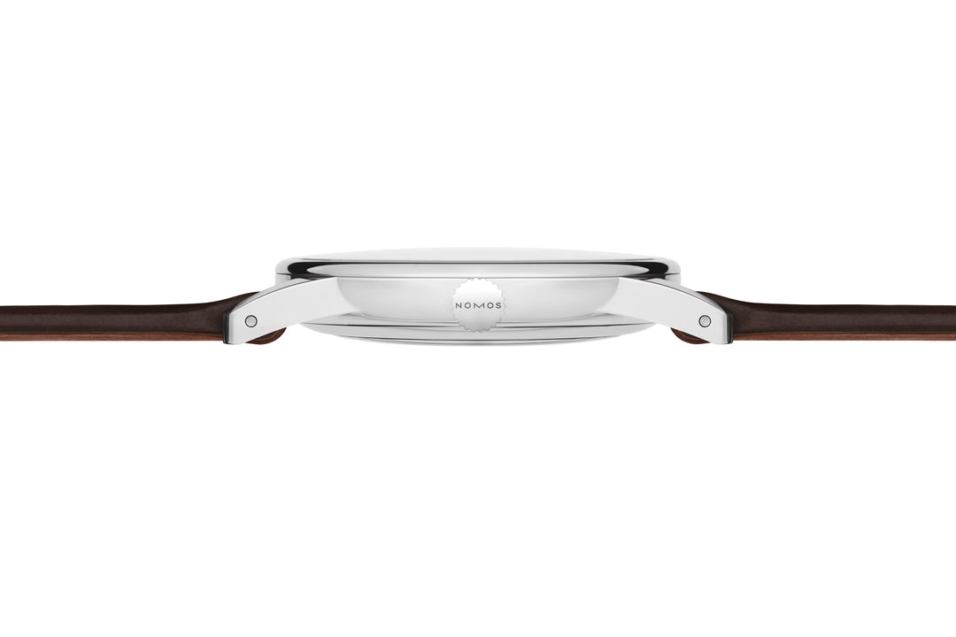 NOMOS Orion 36.4mm Galvanized, white silver-plated Dial Brown Horween Genuine Shell Cordovan remborde, hand-stitched Strap