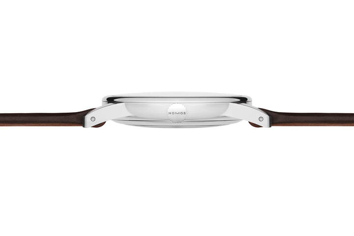 NOMOS Orion 36.4mm Galvanized, white silver-plated Dial Brown Horween Genuine Shell Cordovan remborde, hand-stitched Strap