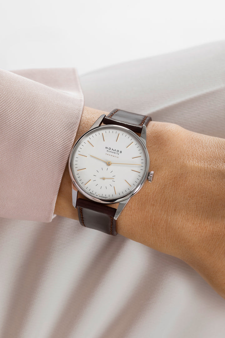 NOMOS Orion 36.4mm Galvanized, white silver-plated Dial Brown Horween Genuine Shell Cordovan remborde, hand-stitched Strap