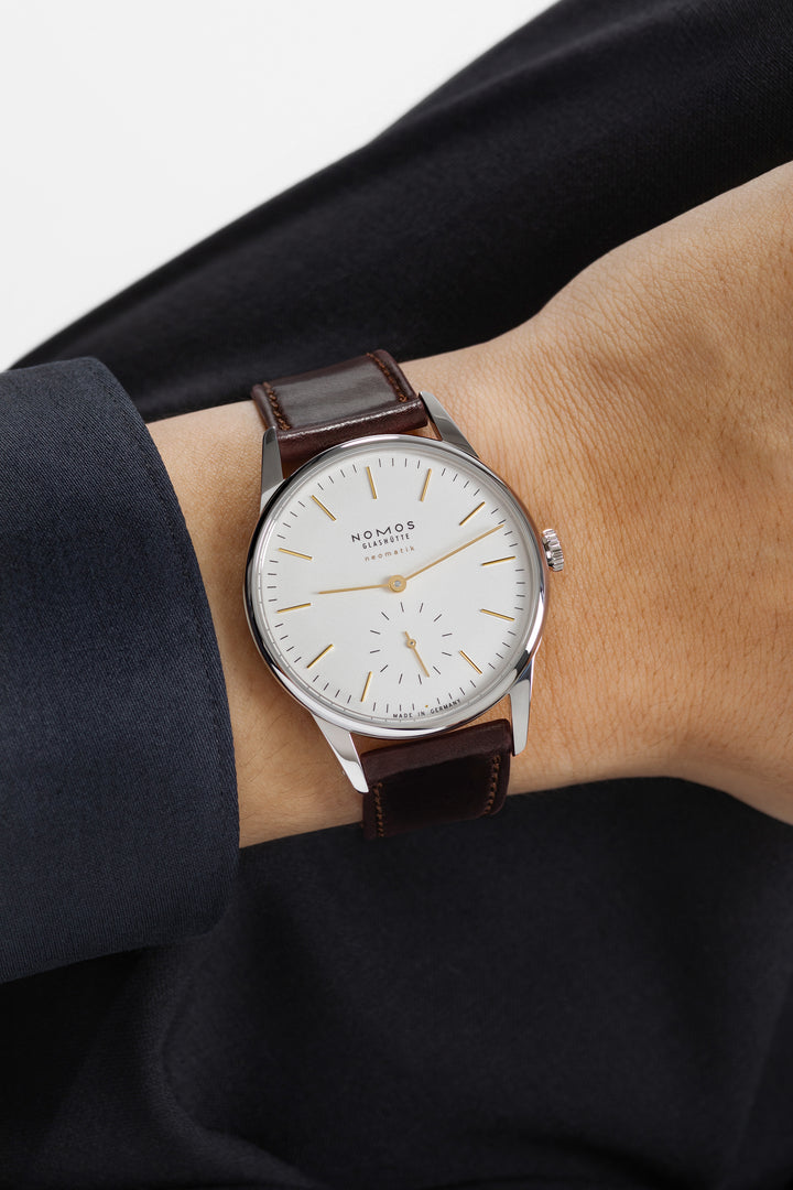 NOMOS Orion 36.4mm Galvanized, white silver-plated Dial Brown Horween Genuine Shell Cordovan remborde, hand-stitched Strap