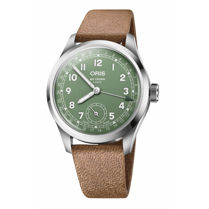 Oris Big Crown Pointer Date Cal 403 40mm Green Dial Brown Leather Strap
