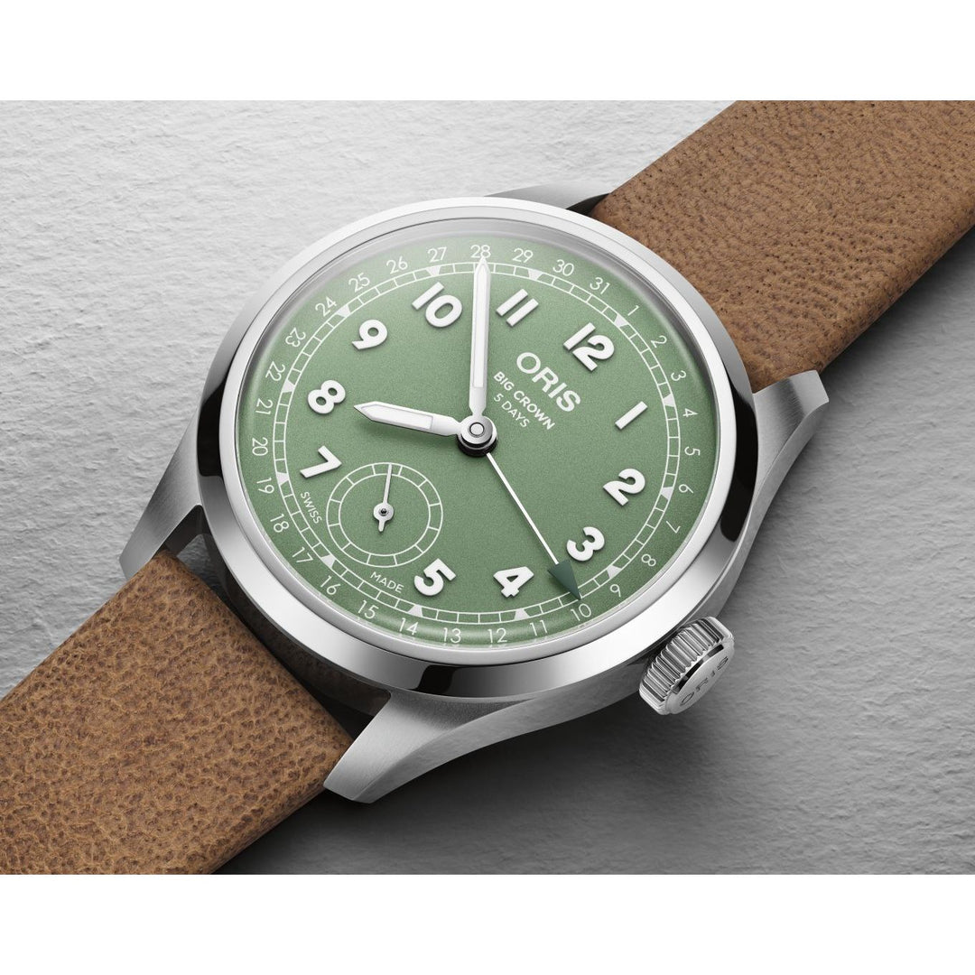Oris Big Crown Pointer Date Cal 403 40mm Green Dial Brown Leather Strap