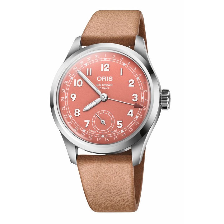 Oris Big Crown Pointer Date Cal 403 40mm Red Dial Brown Leather Strap