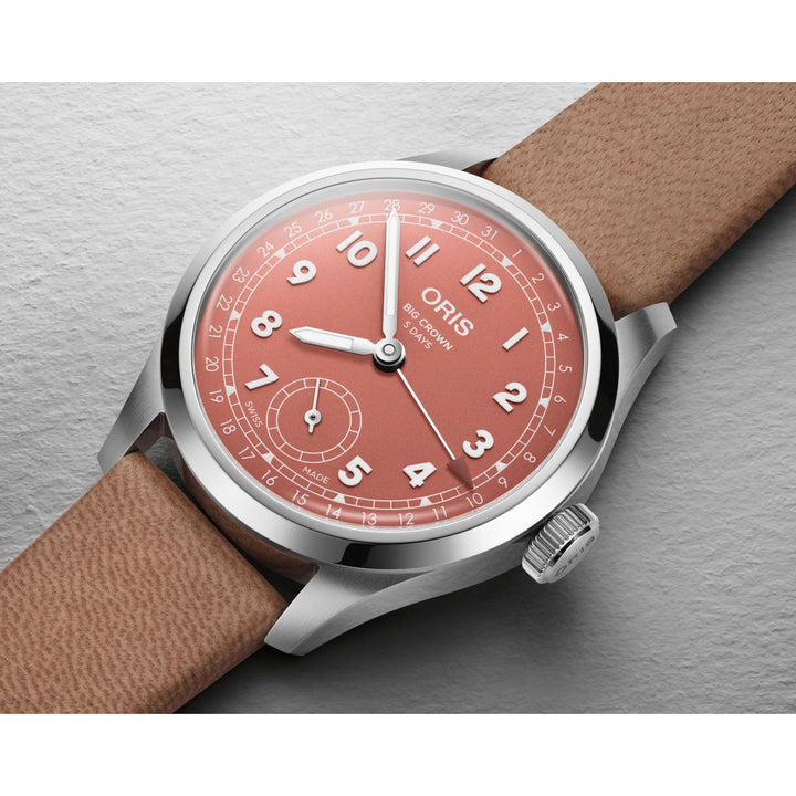 Oris Big Crown Pointer Date Cal 403 40mm Red Dial Brown Leather Strap