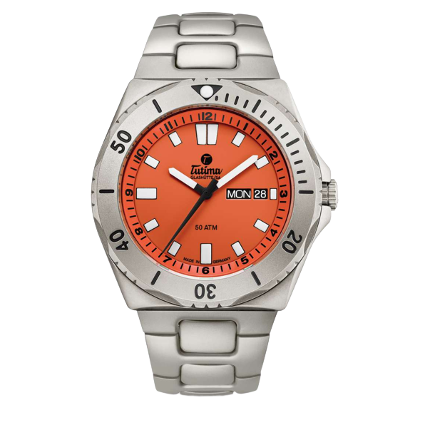 Tutima Glashütte M2 44mm Orange Dial Silver Steel Bracelet