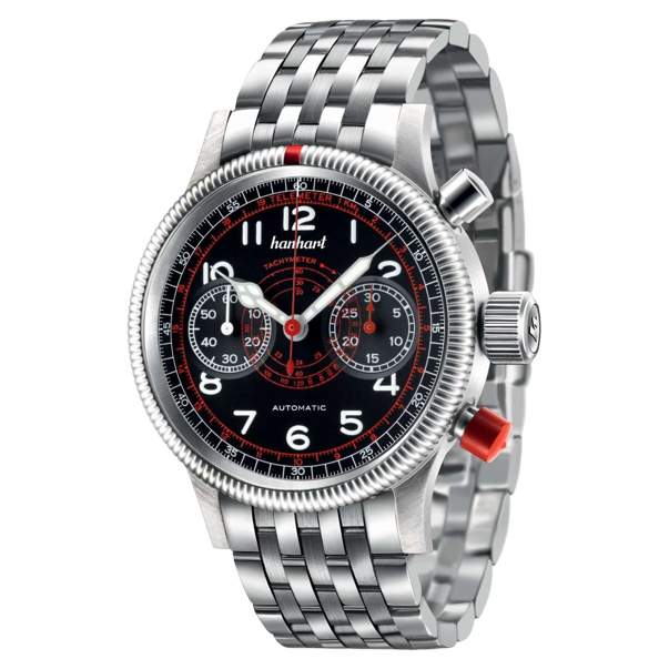 Hanhart PIONEER TachyTele 40mm Black Dial Silver Steel Bracelet