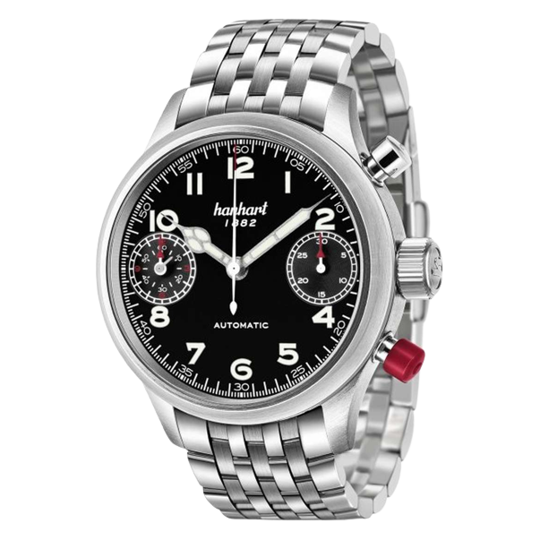 Hanhart PIONEER TwinDicator 45mm Black Dial Silver Steel Bracelet