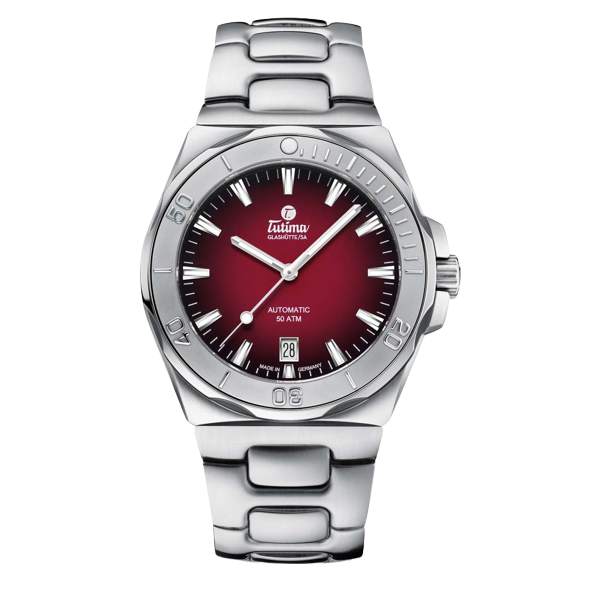 Tutima Glashütte M2 40mm Red Dial Silver Steel Bracelet