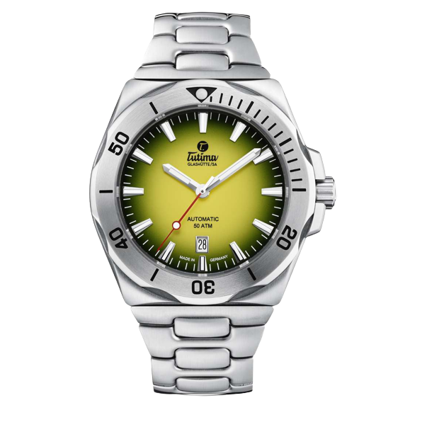 Tutima Glashütte M2 44mm Yellow Dial Silver Steel Bracelet
