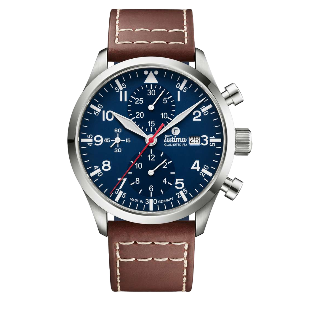 Tutima Glashütte Flieger Legacy T5 41mm Blue Dial Brown Strap