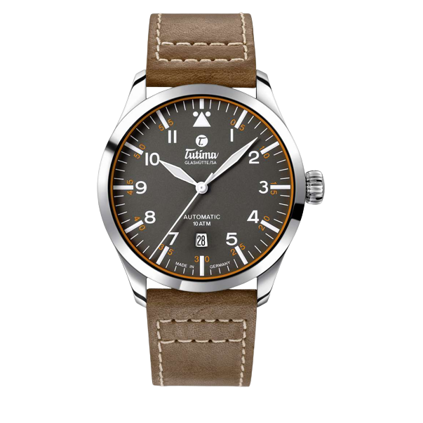 Tutima Glashütte Flieger 41mm Gunmetal Grey Dial Brown Strap