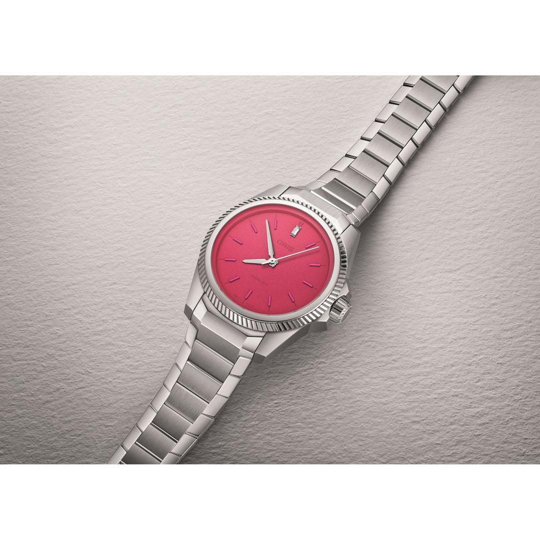 Oris Propilot X Miss Piggy Edition 34mm Pink Dial Silver Steel Bracelet