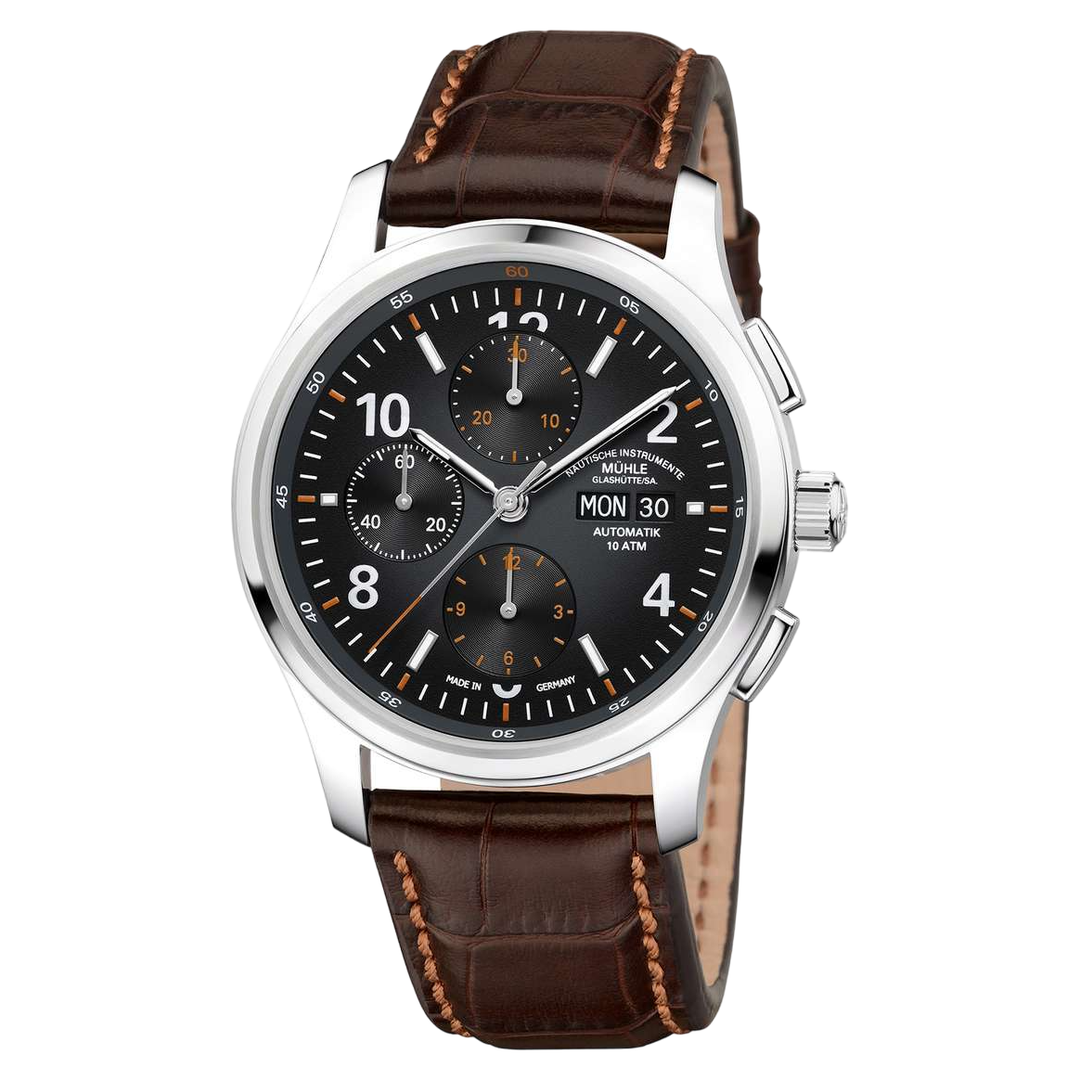 Mühle Glashütte Lunova Chronograph 42.3mm Black Dial Brown Leather Strap