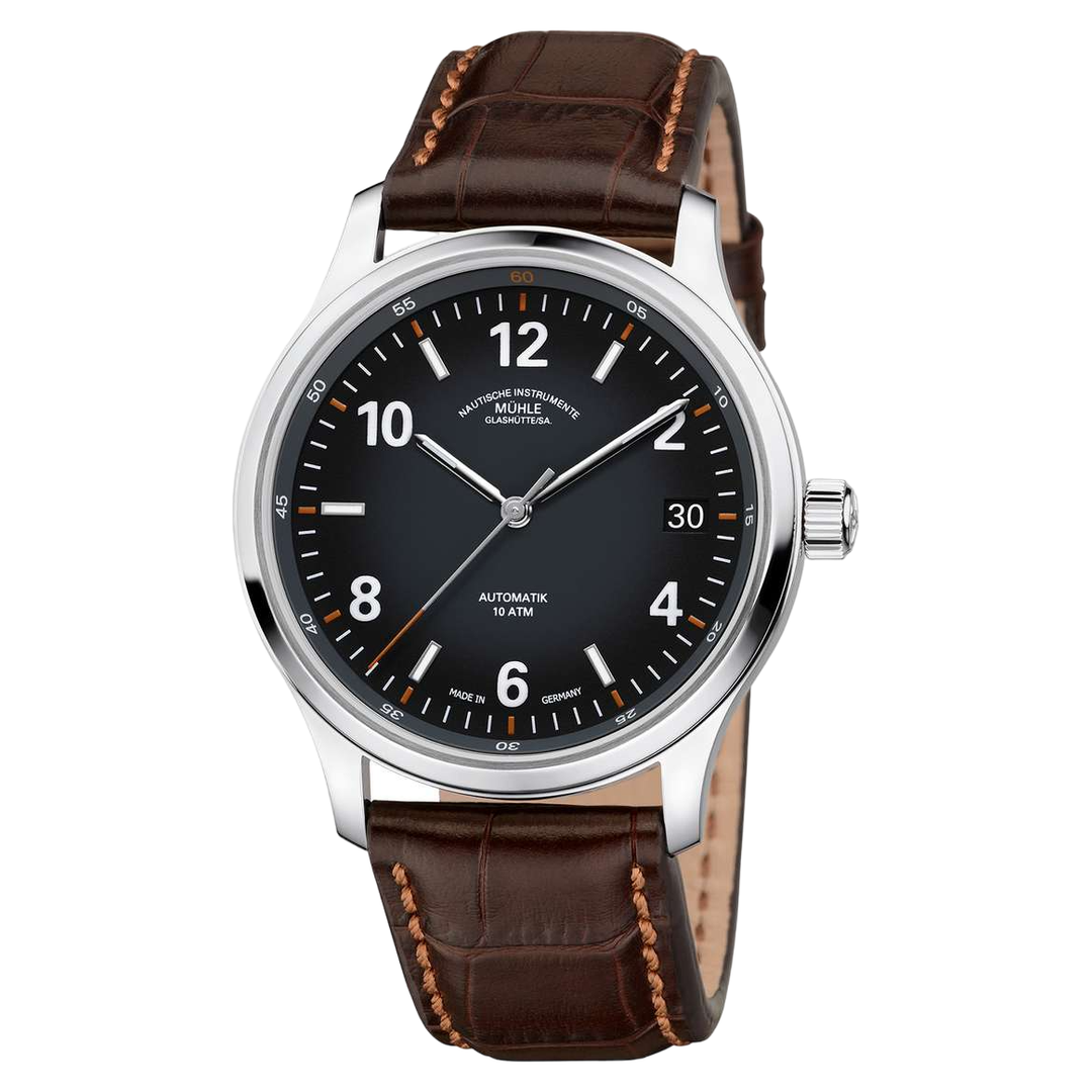 Mühle Glashütte Lunova Date 42.3mm Black Dial Brown Leather Strap