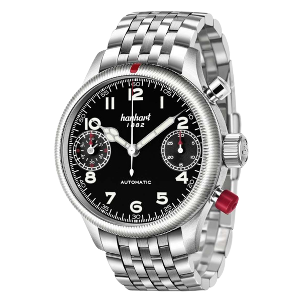 Hanhart PIONEER TwinDicator 45mm Black Dial Silver Steel Bracelet