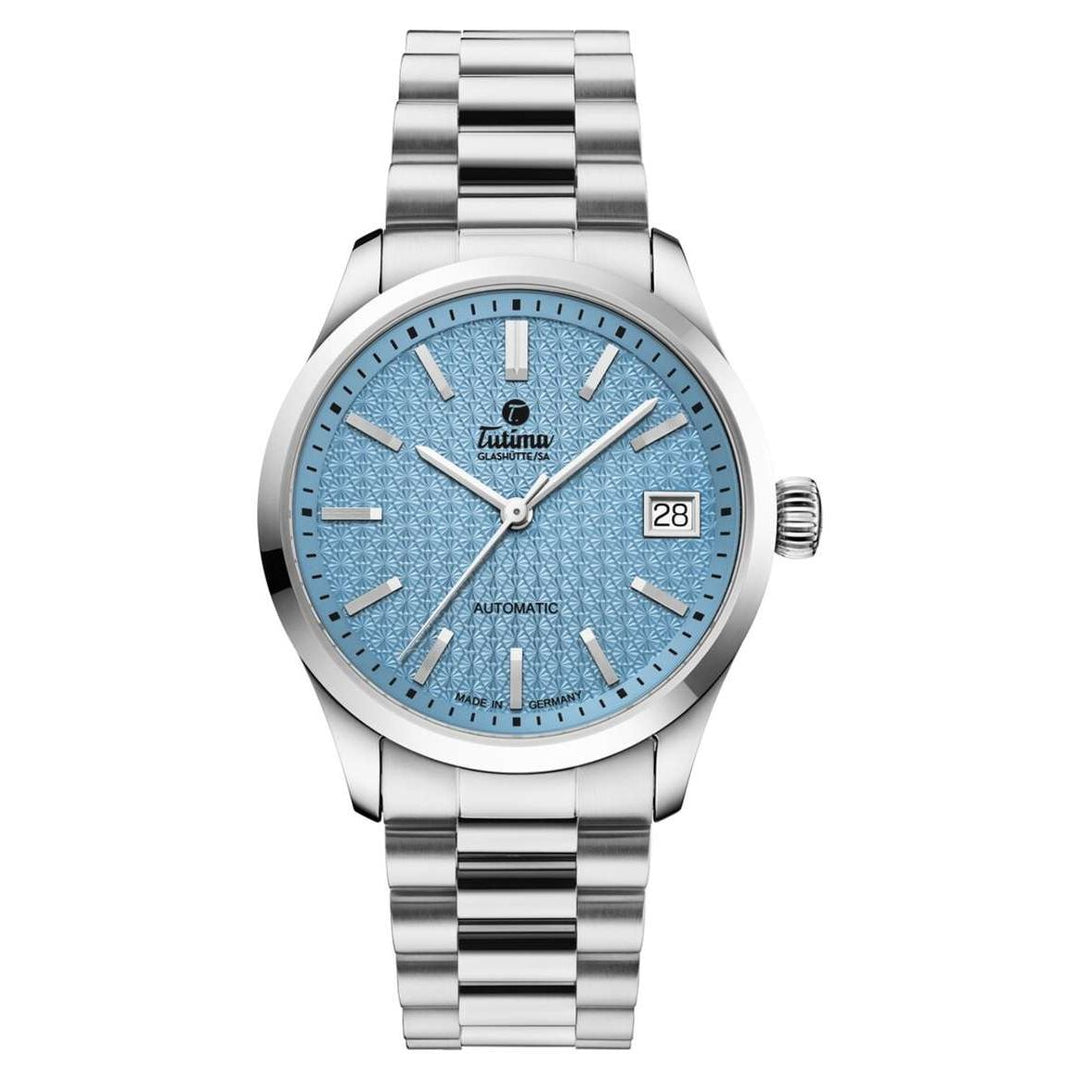 Tutima Glashütte Sky Lady 34mm Blue Dial Silver Steel Bracelet