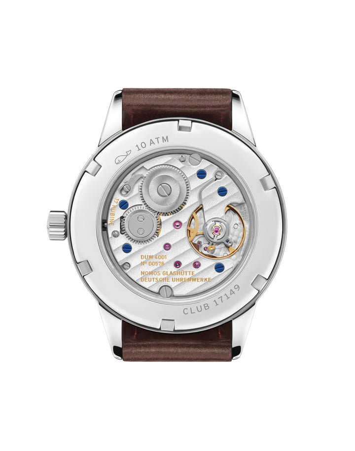 NOMOS Club 36mm Galvanized, white silver-plated Dial Brown, red stitching Horween Genuine Shell Cordovan Strap