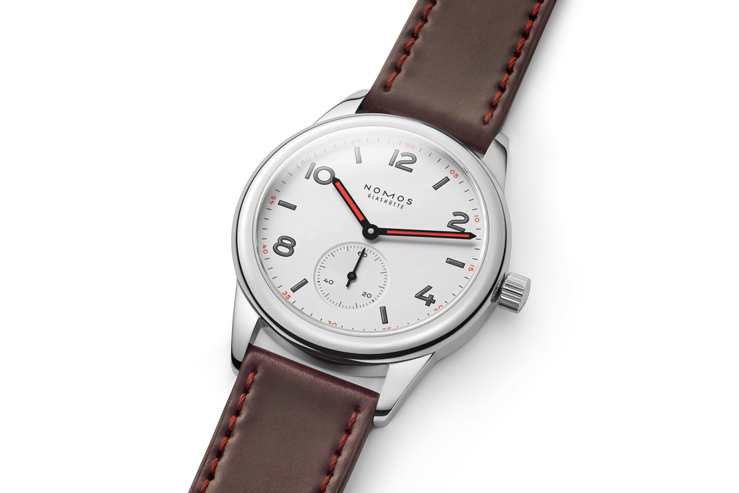 NOMOS Club 36mm Galvanized, white silver-plated Dial Brown, red stitching Horween Genuine Shell Cordovan Strap
