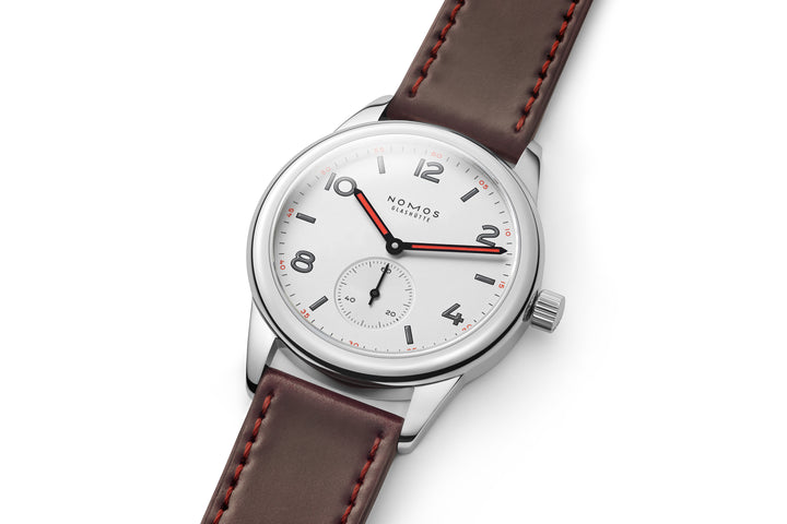 NOMOS Club 36mm Galvanized, white silver-plated Dial Brown, red stitching Horween Genuine Shell Cordovan Strap
