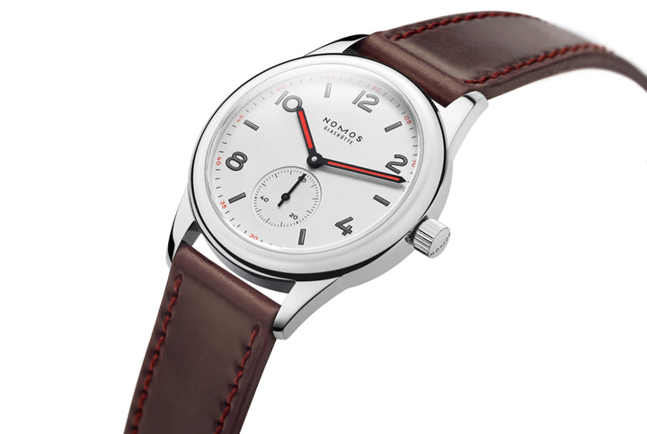 NOMOS Club 36mm Galvanized, white silver-plated Dial Brown, red stitching Horween Genuine Shell Cordovan Strap