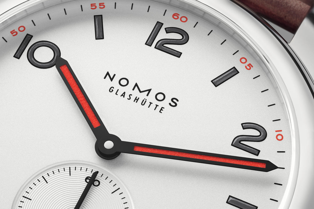 NOMOS Club 36mm Galvanized, white silver-plated Dial Brown, red stitching Horween Genuine Shell Cordovan Strap