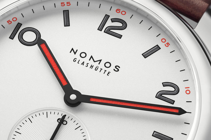 NOMOS Club 36mm Galvanized, white silver-plated Dial Brown, red stitching Horween Genuine Shell Cordovan Strap