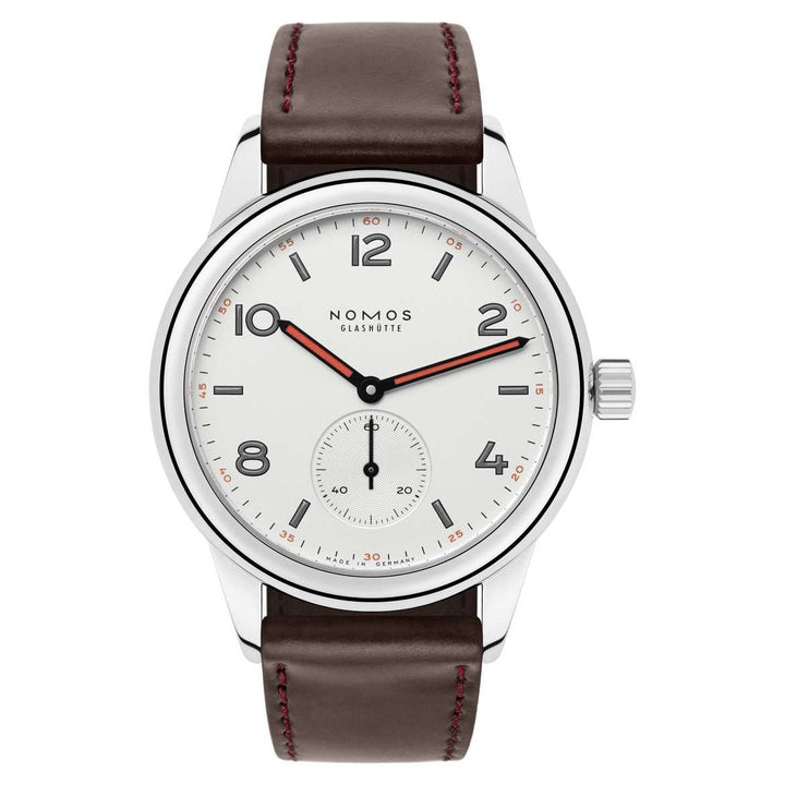 NOMOS Club 36mm Galvanized, white silver-plated Dial Brown, red stitching Horween Genuine Shell Cordovan Strap