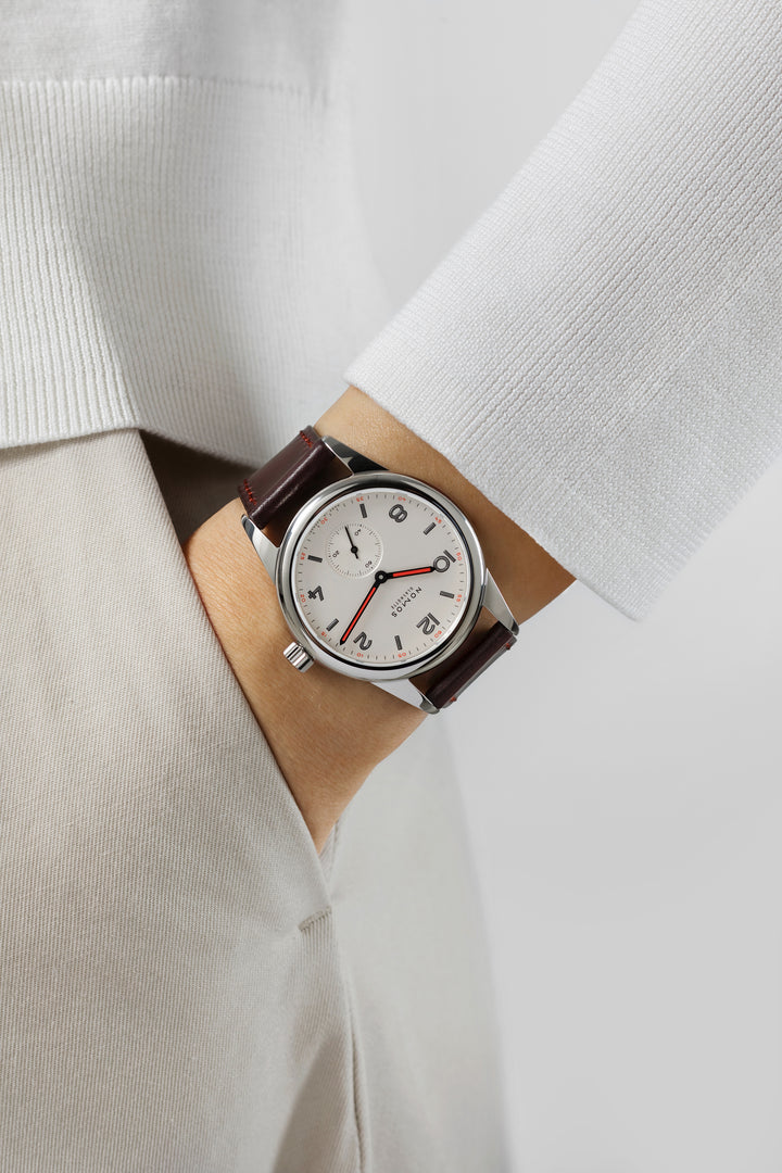 NOMOS Club 36mm Galvanized, white silver-plated Dial Brown, red stitching Horween Genuine Shell Cordovan Strap